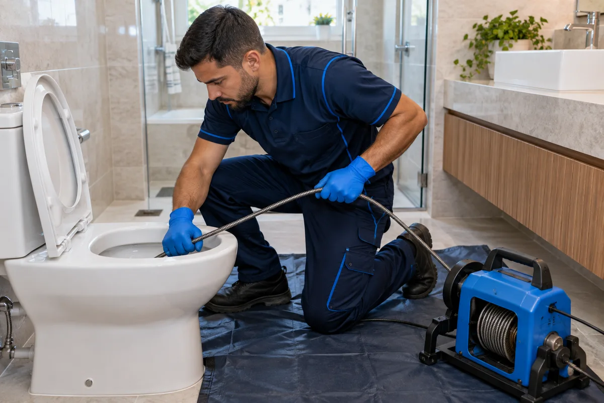 profissional desobstruindo um vaso sanitário